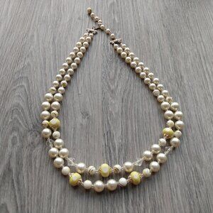 Vintage Faux Pearl Yellow Beaded Necklace Double Strands Rockabilly Retro Glam